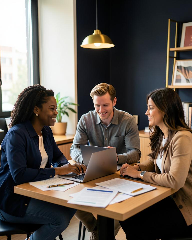 A diverse small business team collaborating around a table